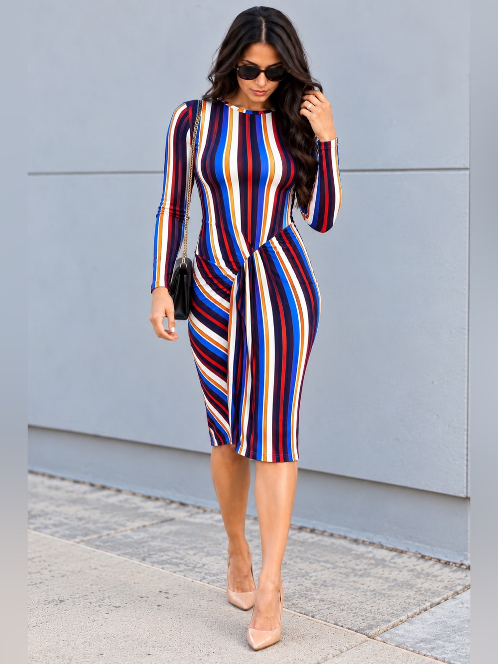 ZARA Collection Striped Ribbed Knit Ruched Maxi Dress Blue Red Orange L